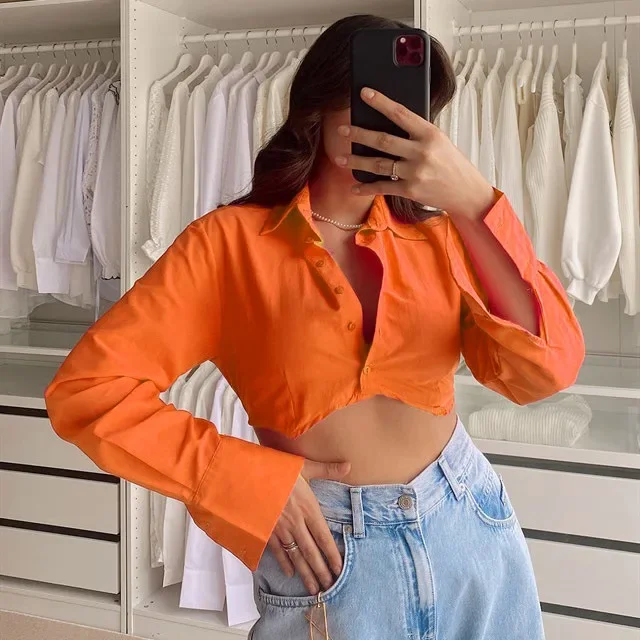 Summer 2023 New Street Trend Crop Tight Short Shirt Women's Lapel Single Breasted Cotton Small Shirt