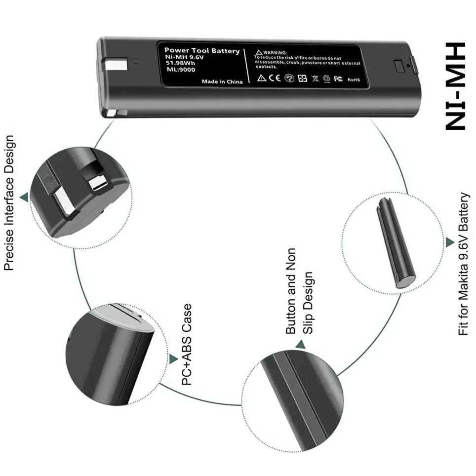 

9.6V 4800mAh Ni-MH Rechargeable Replacement Battery for Makita Mak 6095D 9000 9001 9002 9033 9034 632007-4 9600 193890-9 5090D