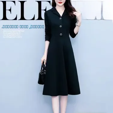 

Женское платье миди с длинным рукавом для похудения, весна-осень, новинка, большие размеры, черное, для офиса, плиссированная юбка, однотонное