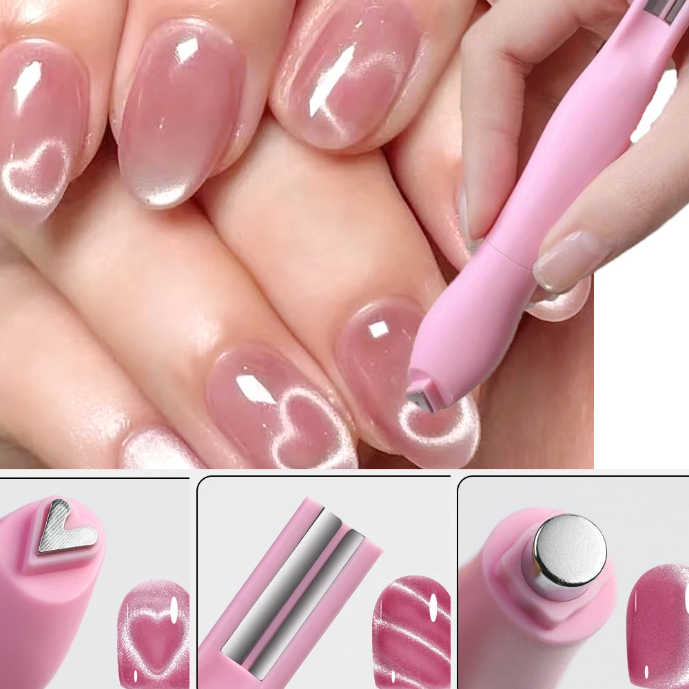 3IN1 Love-Heart&Snake Pattern Cat Eye Nail Magnet Pen French/Water Ripple Cat Eye Strong Magnet Pen DIY Manicure Tool Pen