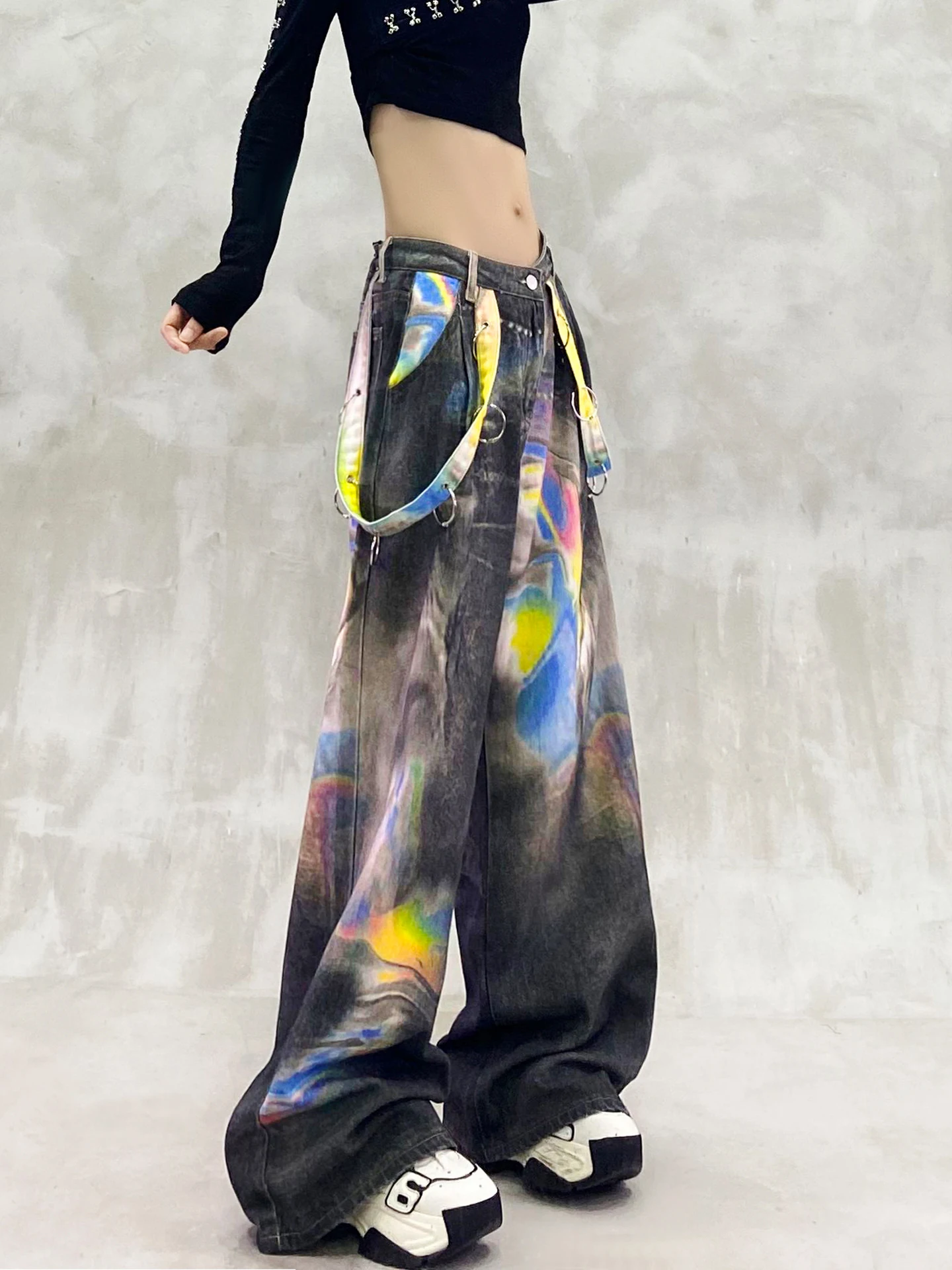 2025 Summer and Autumn Colorful Printed Design Casual Floor-Length Jeans High Waist Loose Slimming Versatile Wide-Leg Pants