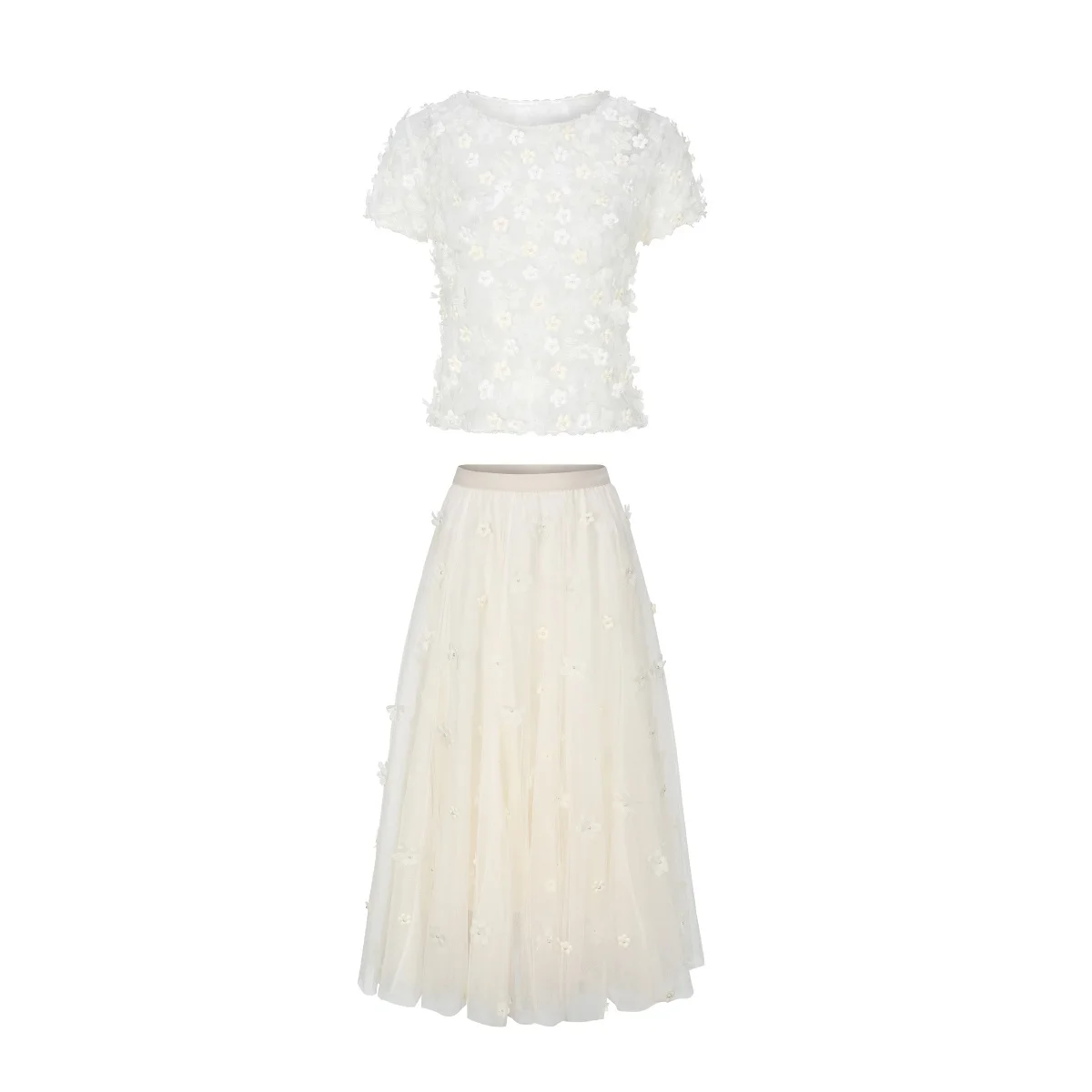 

Комплект из топа с коротким рукавом и расклешенной юбки ручной работы с 3D-цветочным вышиванием бисером, летний наряд в стиле Heavyweight Face Art Fashion