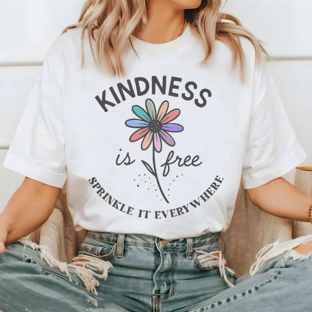 

Kindness is Free Sprinkle It Everywhere Cartoon Printed Pattern Top T-Shirt Casual Women's Fashion Style Round Neck White T-Shir