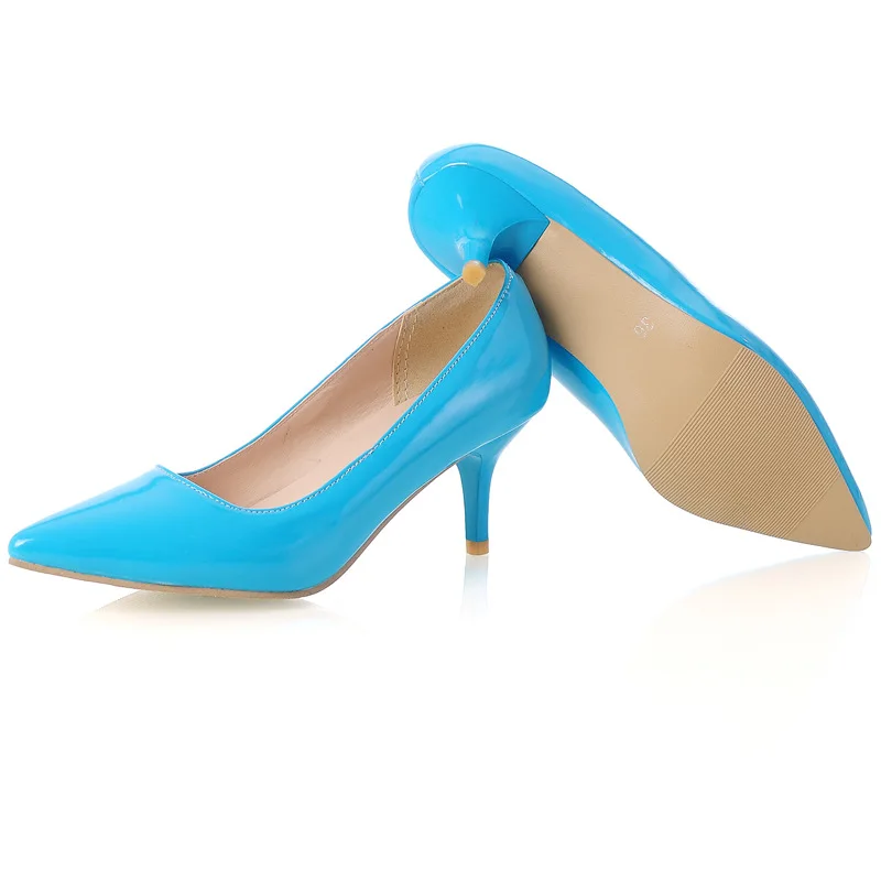 Lady Sexy Big Size 45 Plain Sewing Pointy Toe Thin High Heels Shoes Candy Colors Women Pumps Yellow Black Blue Zapatos Mujer 6cm