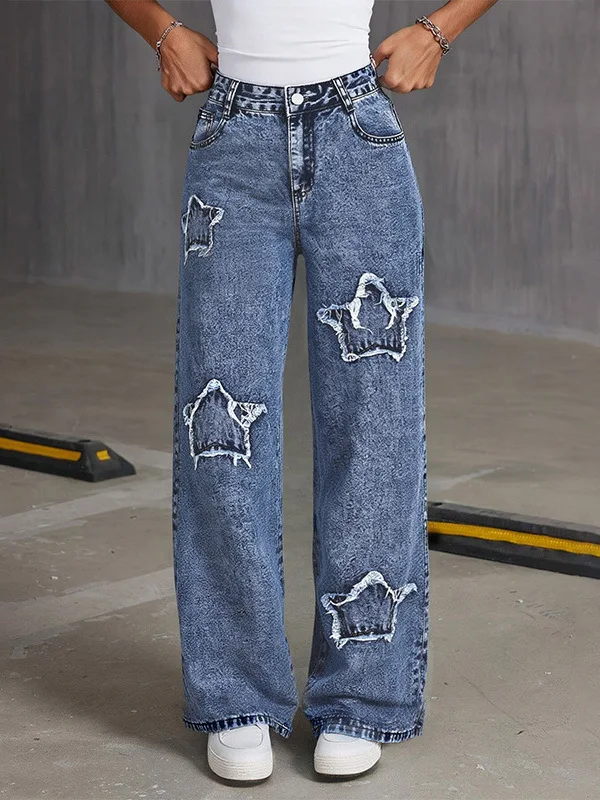 

High Waist Wide Leg Denim Pants Women's Casual Straight Leg Trousers Patchwork Cotton Workwear Sle Spring Season