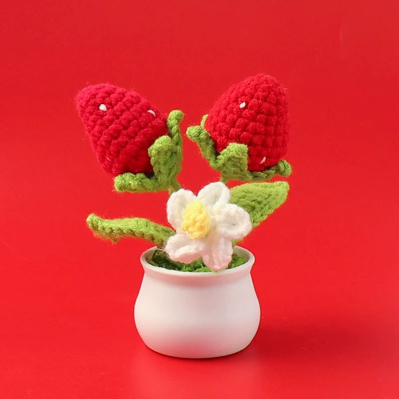 Niedliche Erdbeer-Häkelblumen, kreative Kintted-Blumen mit Topf-Fake-Pflanze für Auto, Bücherregal, Dekoration, Geschenk, Erdbeer-Dekor – Detail 5
