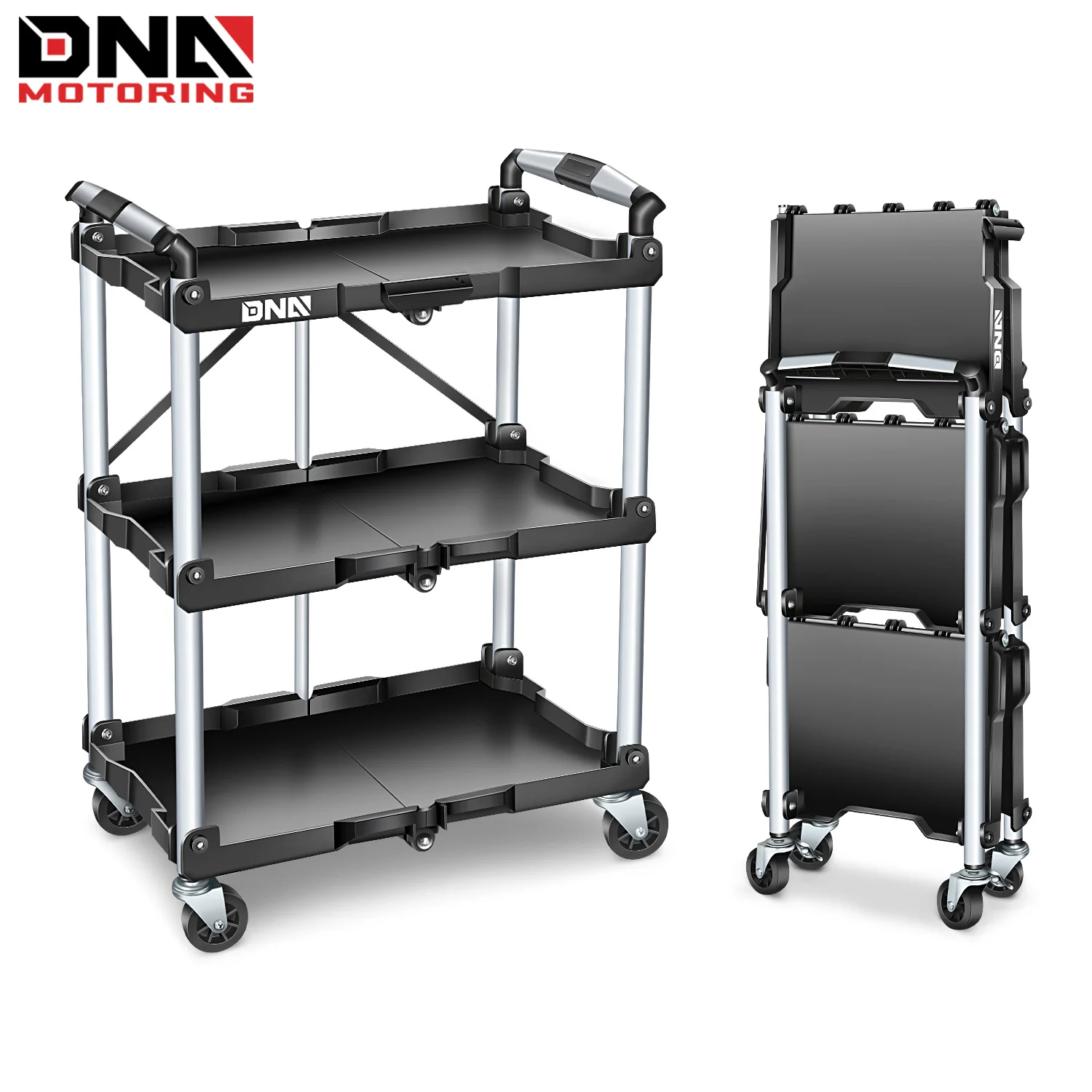 

3 Tier Folding Rolling Service Cart, 265lbs Capacity Collapsible Utility Cart for Warehouse, Workshops, Restaurants, w/ 360 Swivel Wheels, Black