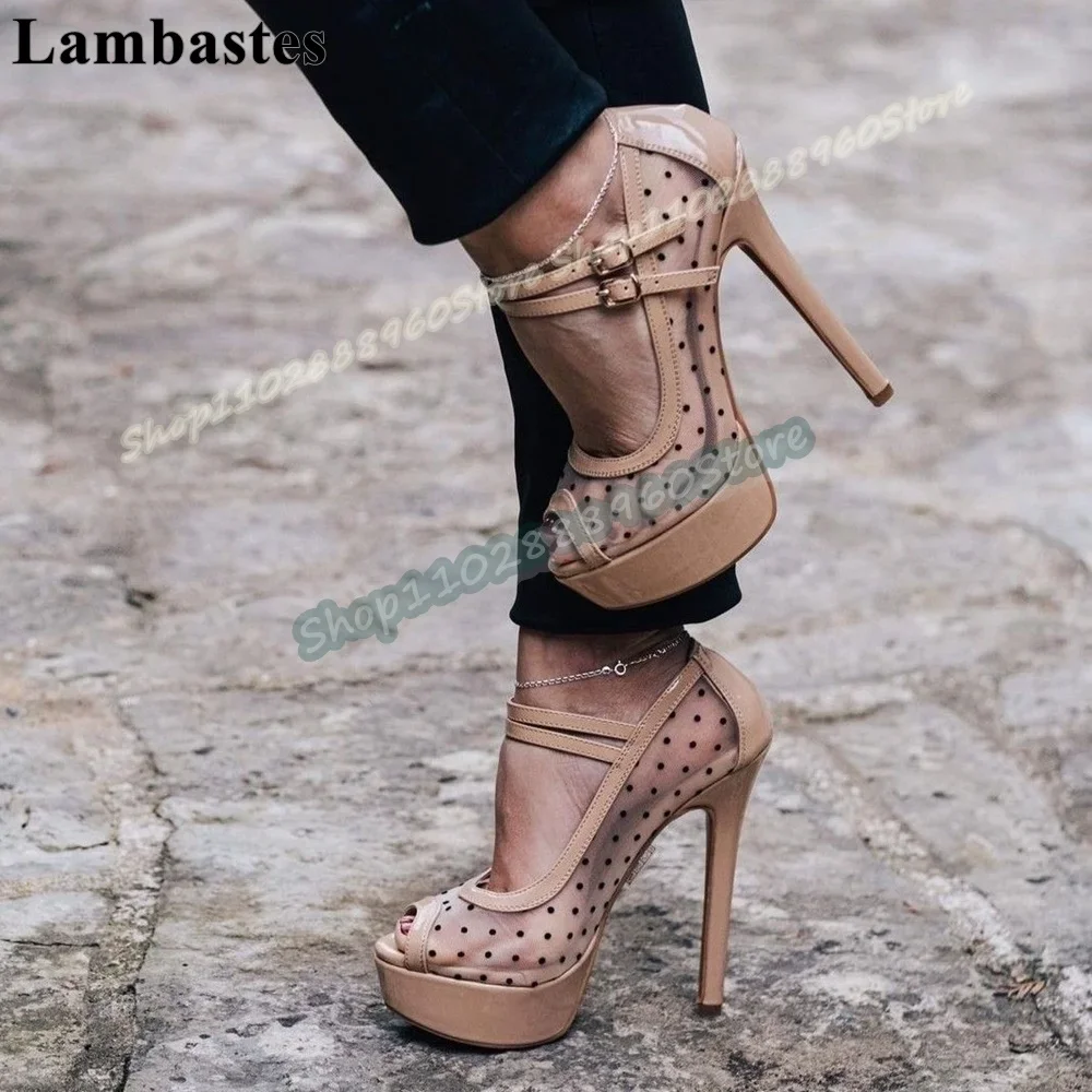 

Nude Air Mesh Dot Platform Sandals Stilettos High Heel Shoes For Women Buckle Strap Peep Toe Casual Stylish Party Sandals
