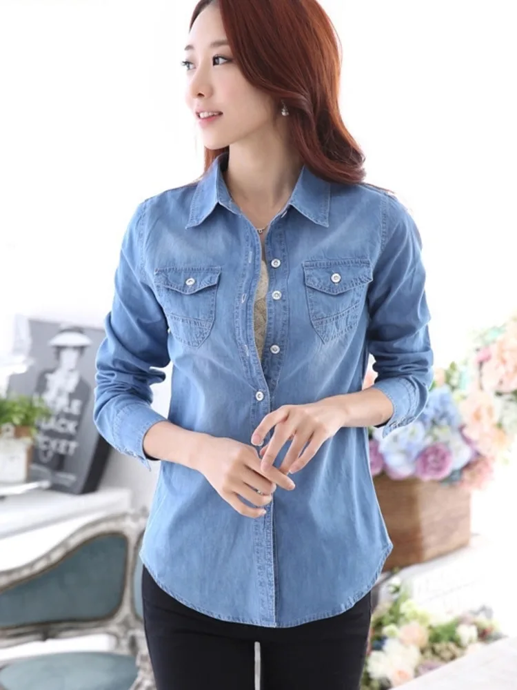 Casual Blue Denim Shirts Women Basic Single-Breasted Vintage Fashion Turn Doen Collar Long Sleeve Tops New Summer 2023