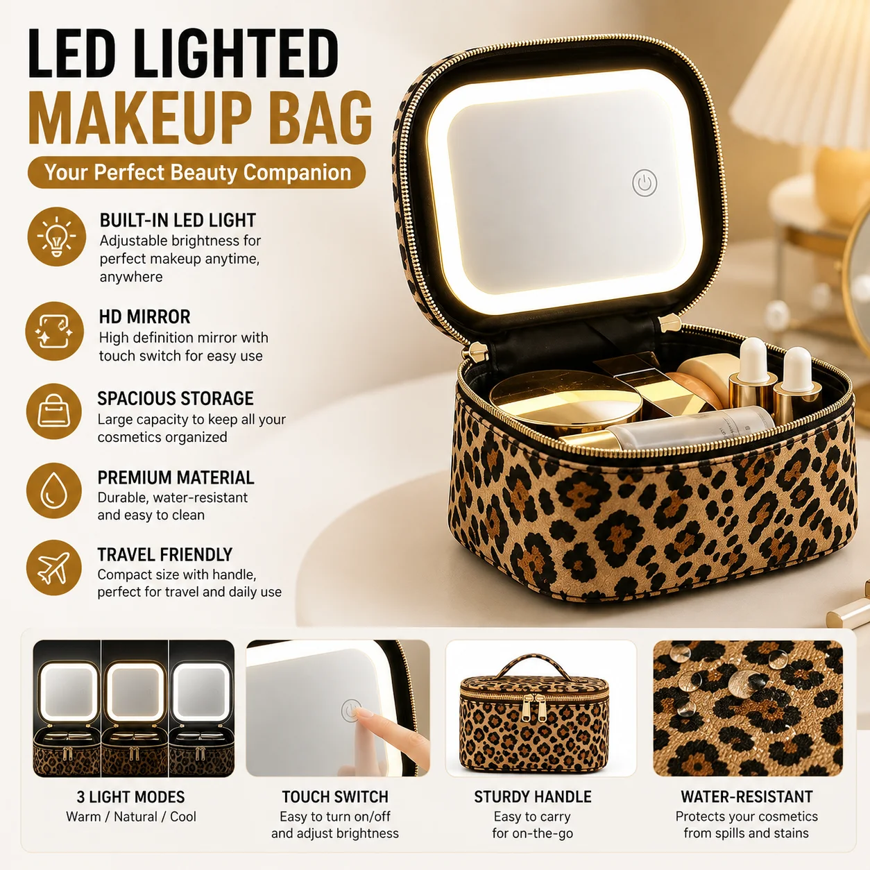 1 PC PU leather Makeup Bag - Portable travel odorless, jewelry and makeup storage bag with led lights and detachable mirror