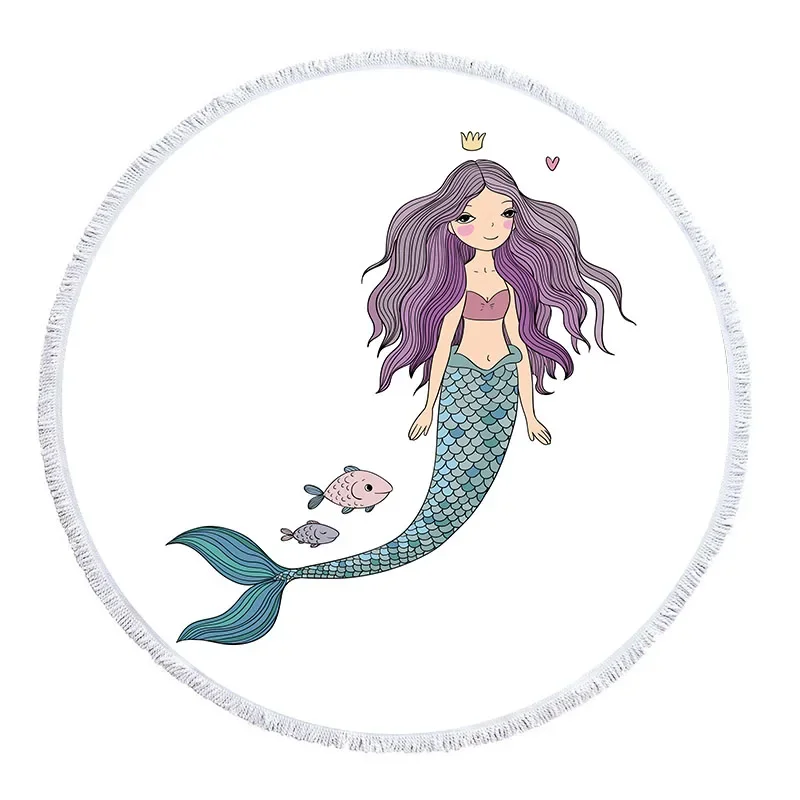 Mermaid Printed Beach Towel Cartoon Pink Microfiber Large Giant Round Towel Beach Kids Gift Summer Yoga Mats Blanket With Tassel