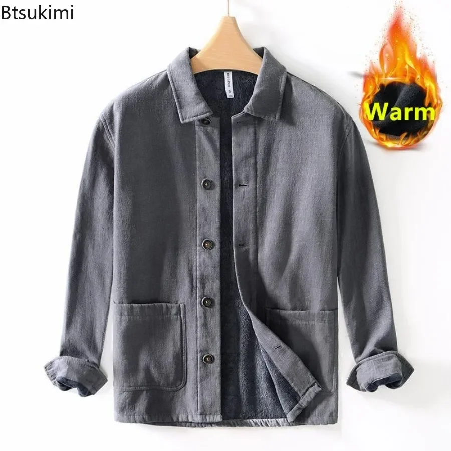 2025 Men's Warm Jackets Coats Autumn Winter Retro Solid Versatile Coats Male Loose Casual Cotton and Linen Tops Men's Clothing