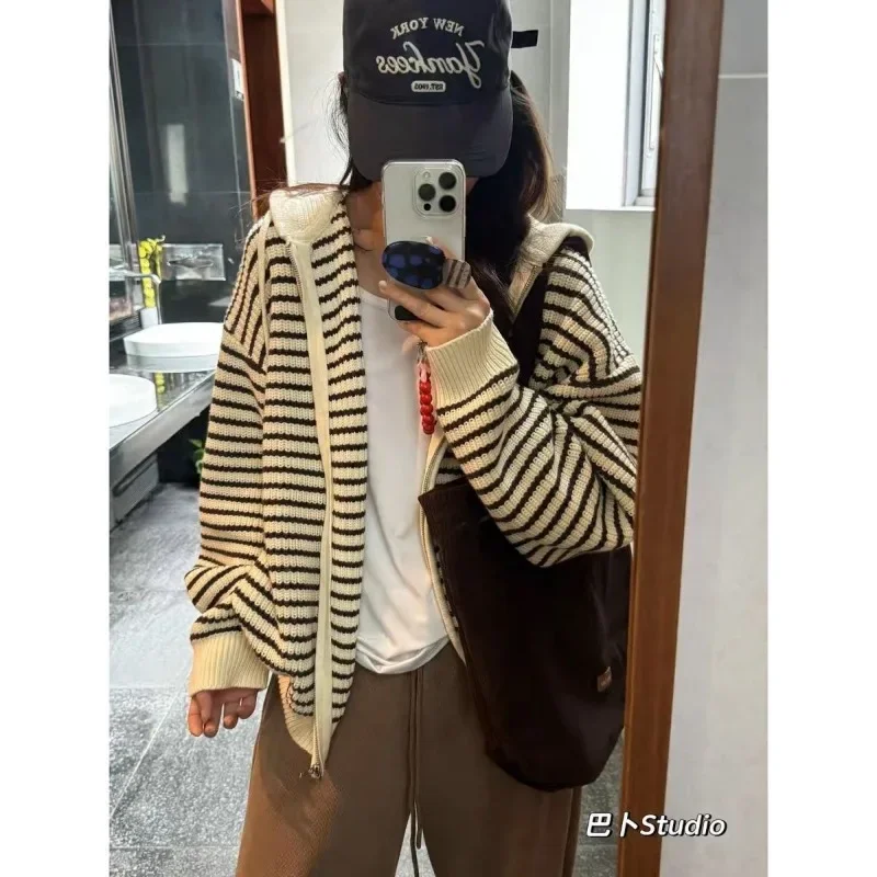 Color Block Striped Knitted Sweater Coat Lazy Soft Cardigan American Retro Loose Fall Womens Oversized Pullover