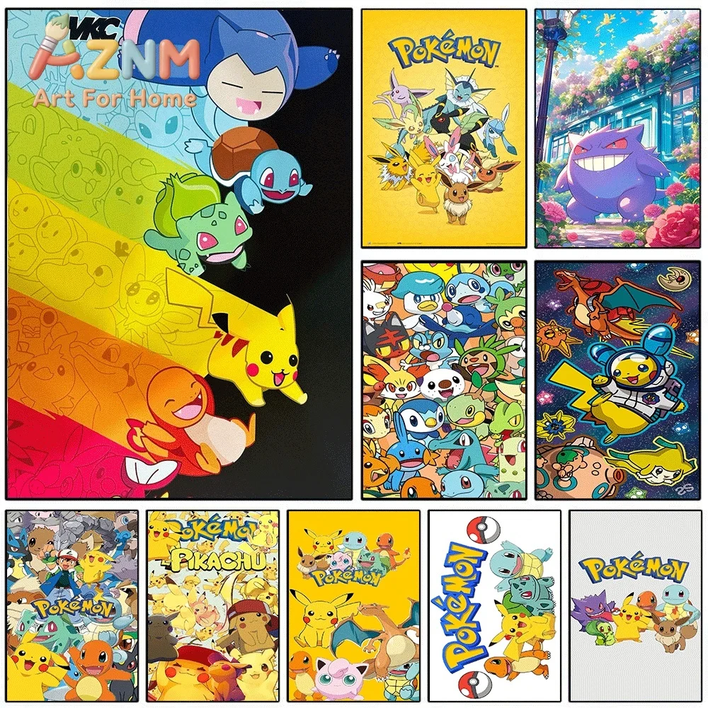 Rainbow Gradient Pokemon Starters Canvas Wall Art No Frame Anime Print Poster Painting for Kids Bedroom Living Room Home Wall