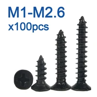 100 unids/lote M1.2 M 1,3 M1.4 M1.5 M1.6 M1.7 1,8 M2.2 2,5 2,6 Mini tornillo autorroscante avellanado plano Phillips de acero al carbono negro