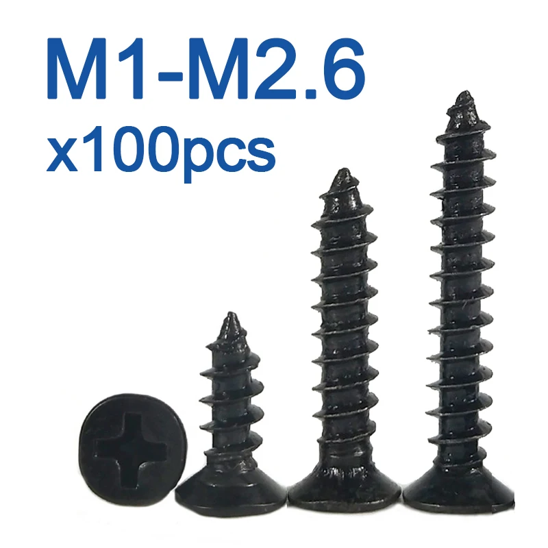 100szt/lot M1.2 M 1.3 M1.4 M1.5 M1.6 M1.7 1.8 M2.2 2.5 2.6 Black Carbon Steel Phillips Flat Countersunk Mini Wkręt samogwintujący