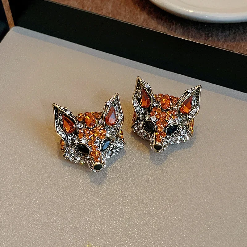 Vintage Baroque Style Long Fox Shape Necklace For Women Brown Crystal Earrings Party Banquet Jewelry Sets