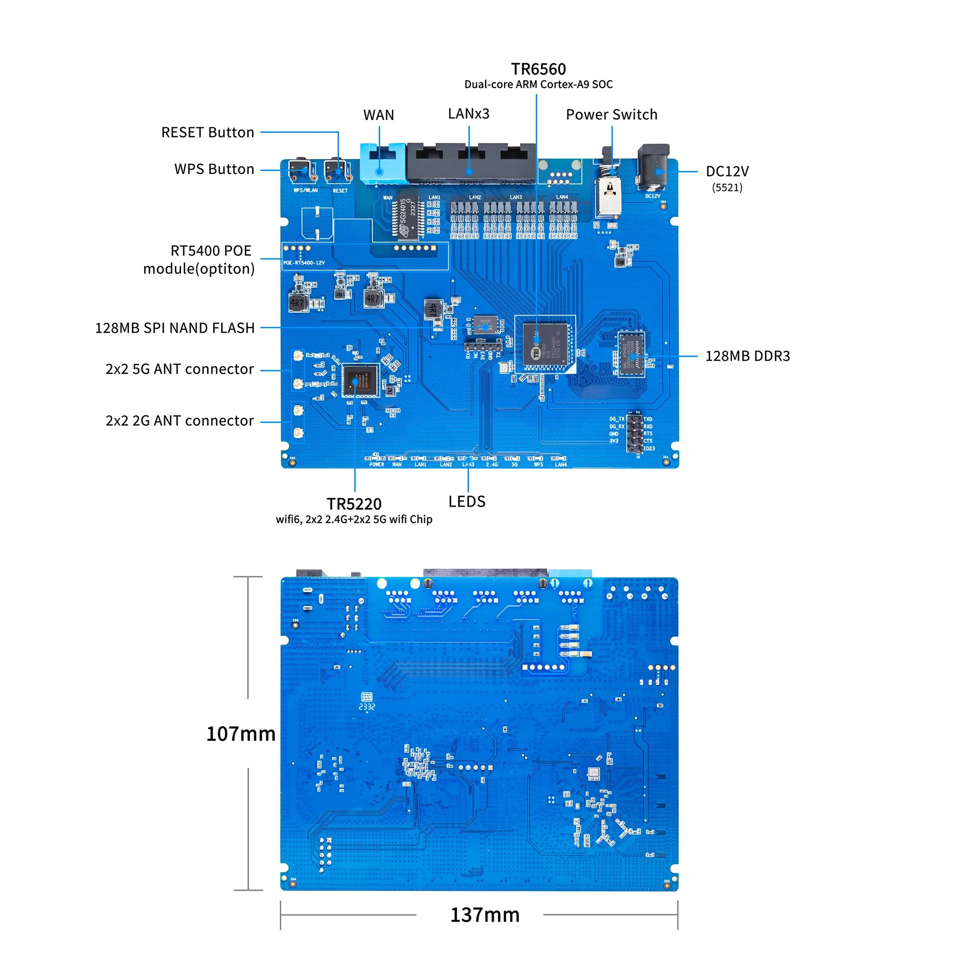 Imagem -02 - Banana pi Bpi-roteador Wifi Tr6560 Mais Tr5220 Soc Wifi Dual Core Braço Cortec a9 Placa Integrada de 5ge Phy Macs Case Openwrt