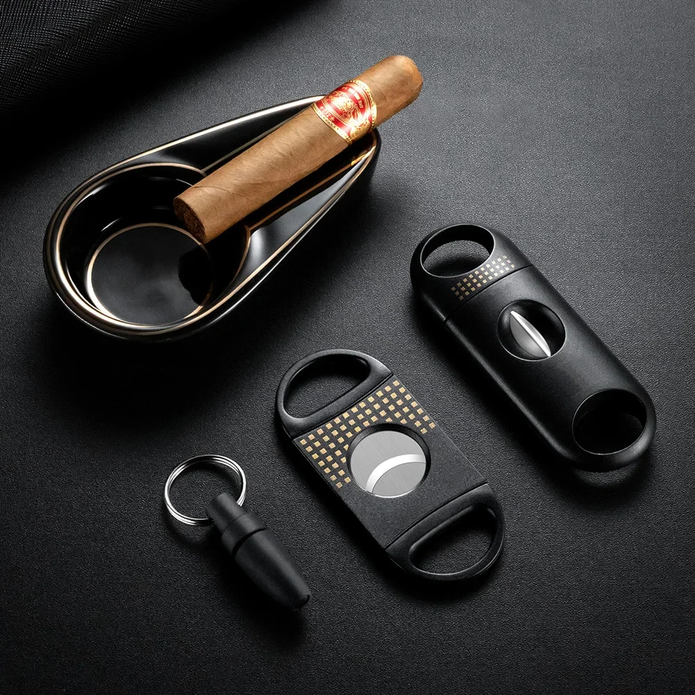 Cigar Cutter 4pcs Set V Cut Flat Cuts Punch Ceramics Ashtray Stainless Steel Sharp Portable Cigars Scissors Men\'s Gift Box