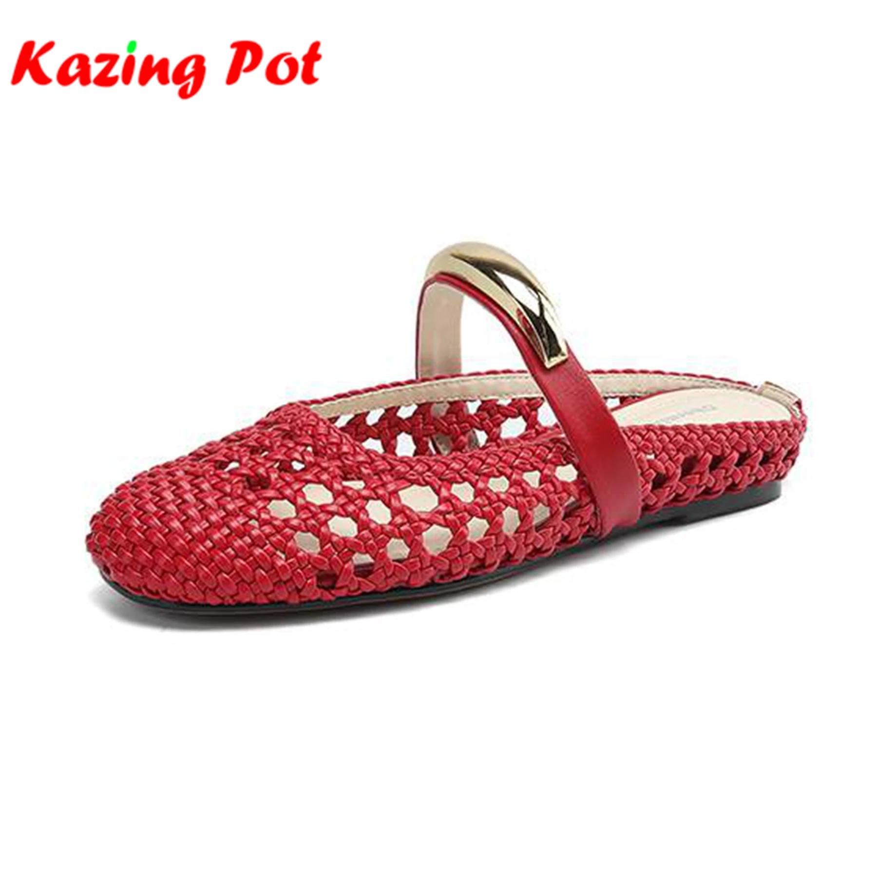 

Krazing Pot Natural Skin Mules Round Toe Low Heels Summer Sandals Shoes Straw Weaving Outside Slippers Big Size 42 Women Pumps