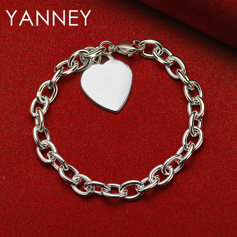 

925 Sterling Silver 8 Inches Smooth Heart Pendant Bracelet For Women Fashion Charm Jewelry Gifts