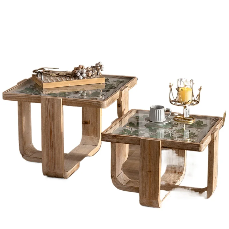 Mesa de centro de cristal con flores talladas en madera maciza Retro, sofá cuadrado para sala de estar, cama lateral y creatividad para desayuno