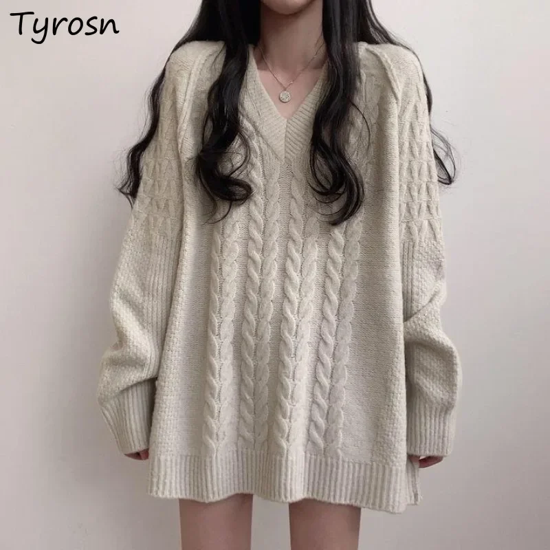 

Pullovers Women Ulzzang Chic Vintage Knitting Casual V-neck Autumn Students Streetwear Tender Loose Simple Warm Daily All-match