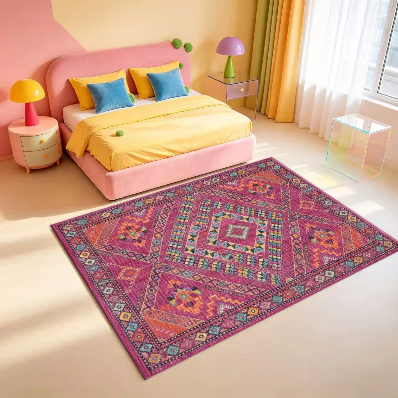 Magenta Bohemian Style Geometric Pattern Carpet, Ethnic Diamond Pattern Rug, Suitable for Living Room, Bedroom, and Indoor Home