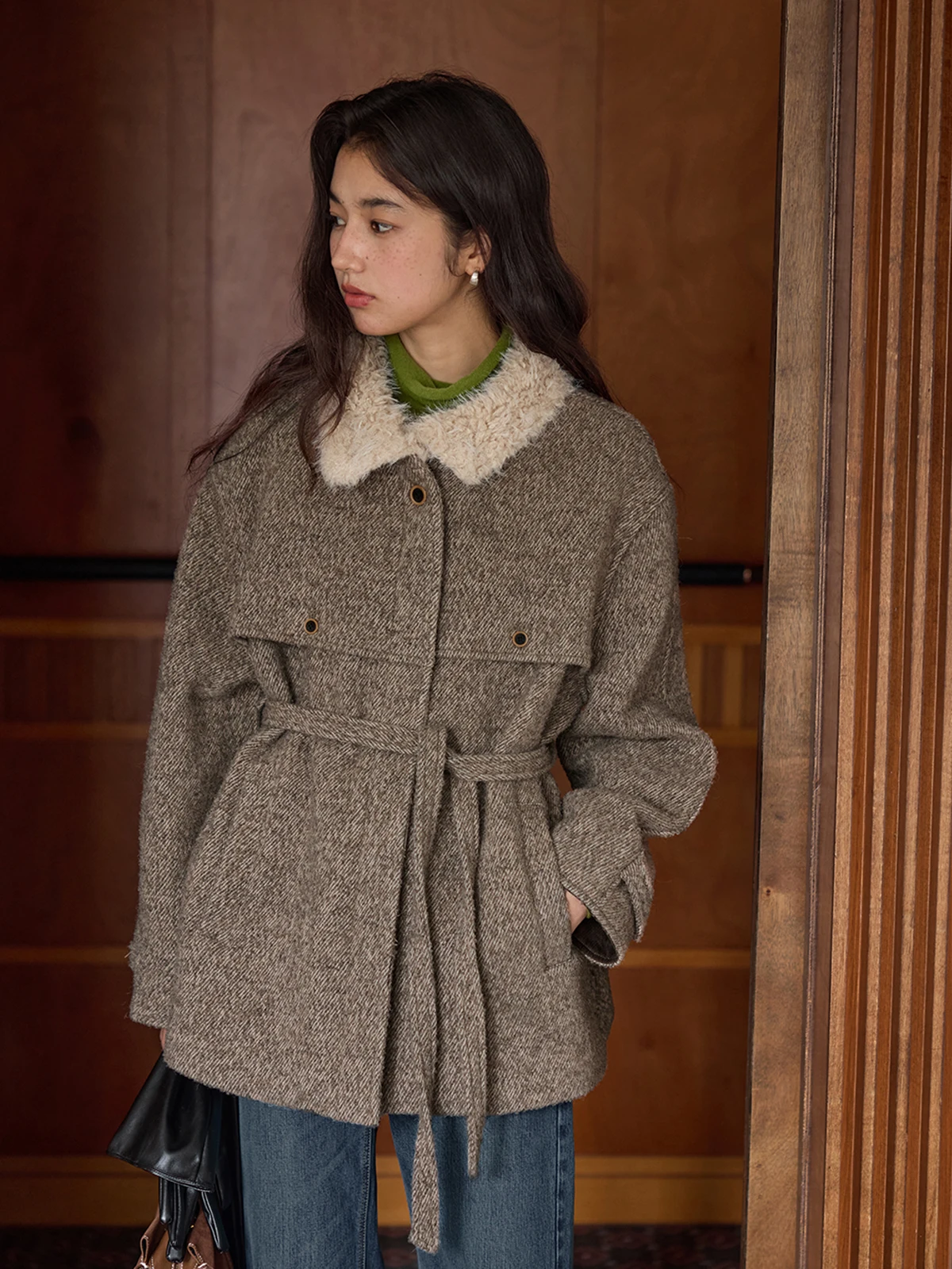 

Солнечное шерстяное пальто, женское пальто с застежкой на талии и меховым воротником, осень-зима, новинка, свободная посадка, винтажное