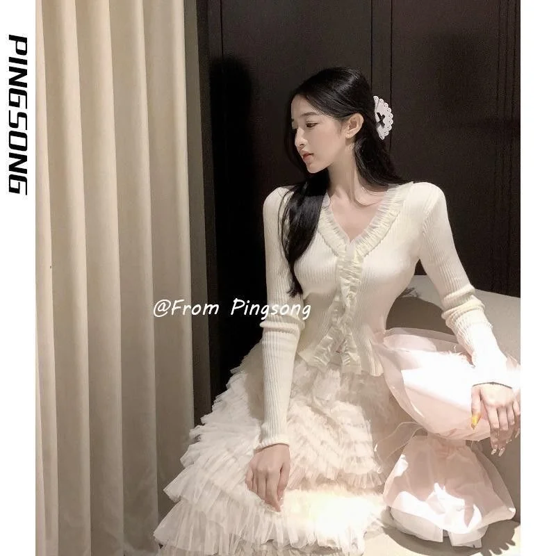 White A-Line Cake Skirt High Waist Winter Half Skirt Women's Spring Summer Hepburn Style Mesh Puffy Skirt Casual Polyester