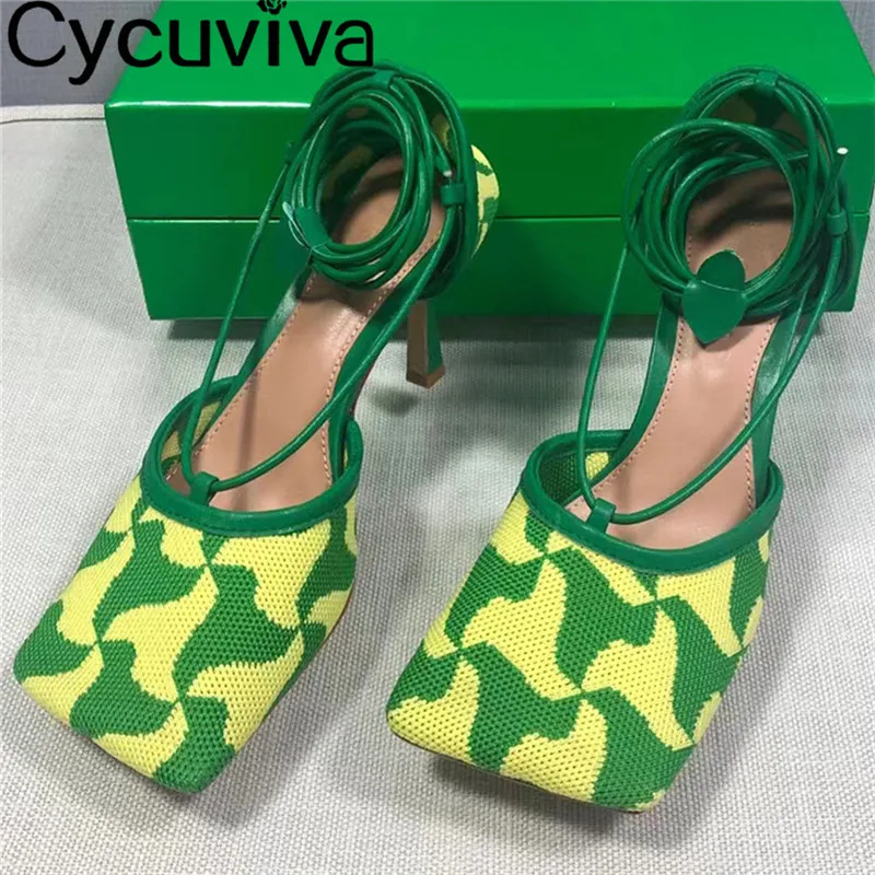 

Square Toe Mesh Cloth Color matching Brand Sandals Women Ankle Strap High Heels Shoes Ladies Sexy Stiletto Party Banquet Shoes