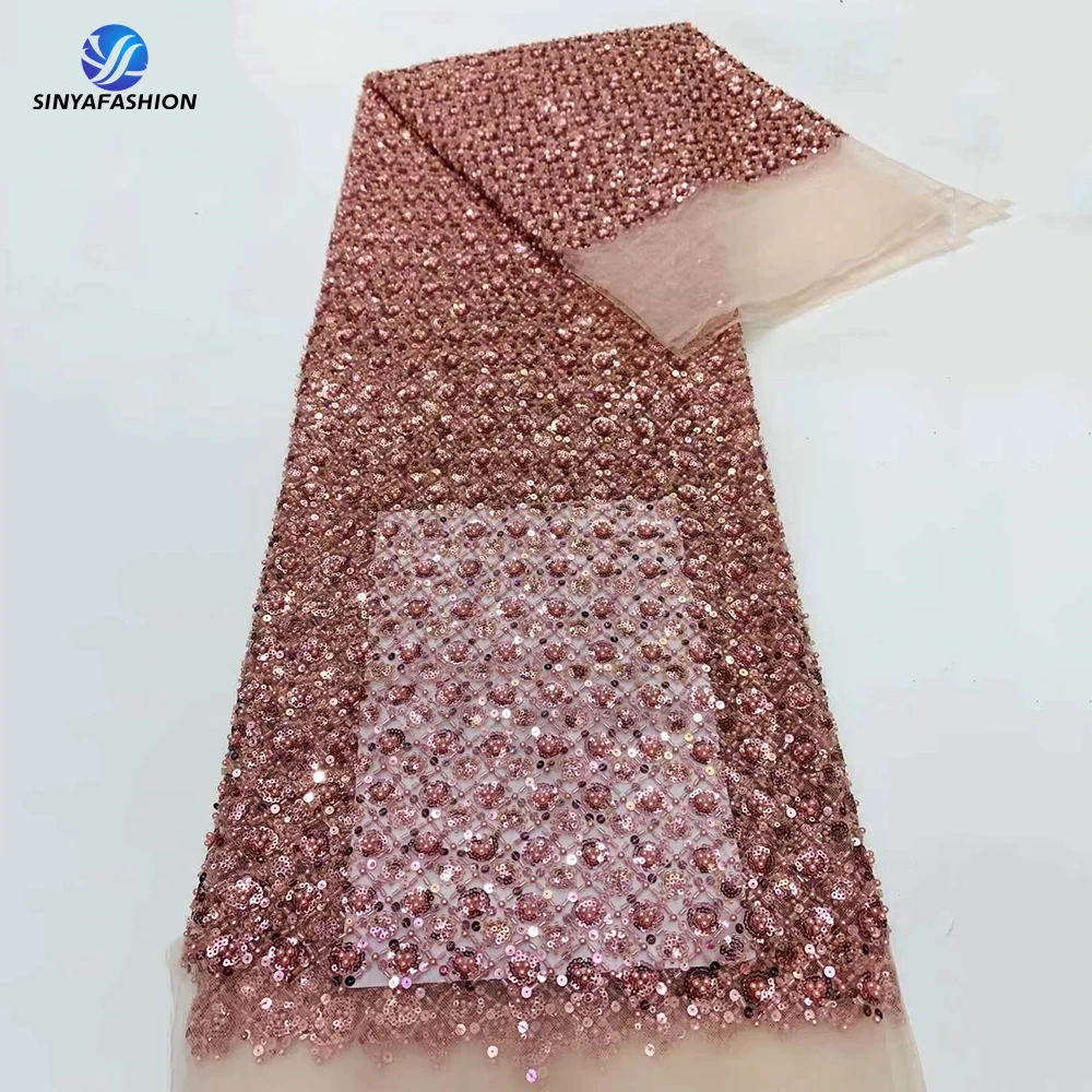 Sinya Sequins Pearls Beads Lace Fabric High Quality African Nigerian French Tulle Embroidery Luxury Heavy Beaded Lace Fabric