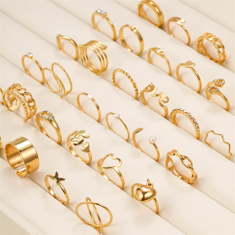 Vintage Goldfarben Zirkon Herz Schmetterling Hohlketten-Ringset Boho Simulierte Perlen Geometrische Ringe für Damen Schmuck – Detail 5