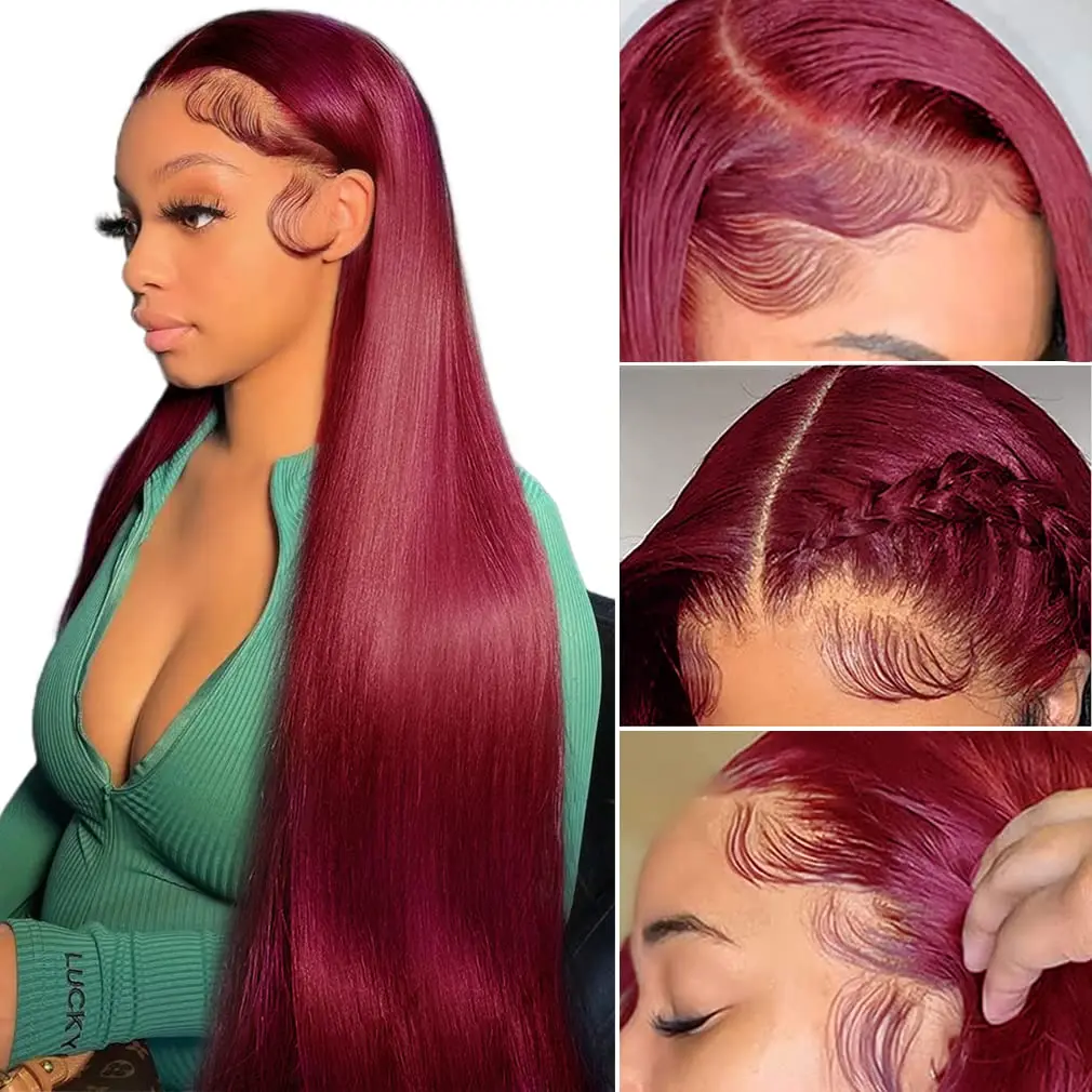 28 Inch 99J Burgundy Lace Front Wigs Human Hair Wine Red Colored Straight 13x4 Lace Frontal Wigs Human Hair Pre Plucked