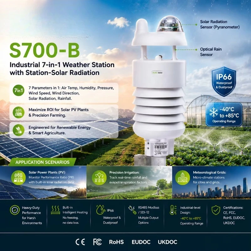 S700-B Industrial 7-in-1 Compact Weather Station,Solar Radiation,Rainfall,PV Solar Power Plants,Smart Agriculture, City