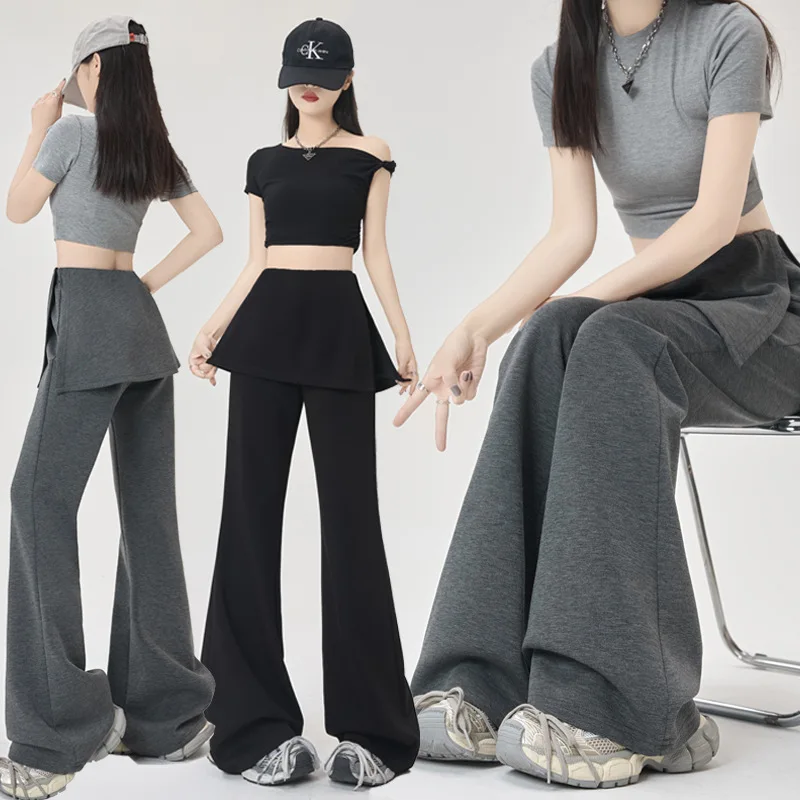 

Американские модные повседневные спортивные брюки для йоги с высокой талией, свободного кроя, весенний дизайн, имитация двухслойности, широкие штанины, спортивные штаны