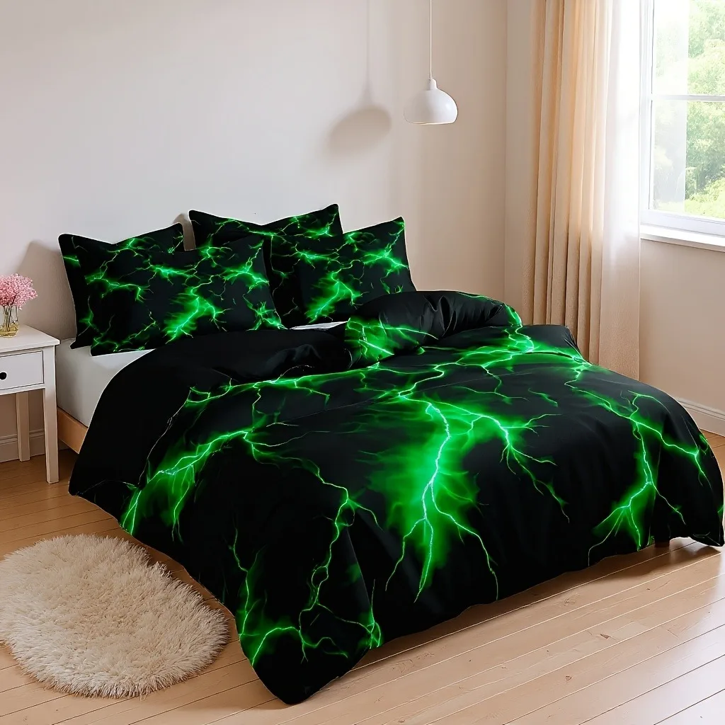 Dark Green Lightning Duvet Cover Set Fluorescent Print Trendy Bedding All Season Quilt Cover with Pillowcases