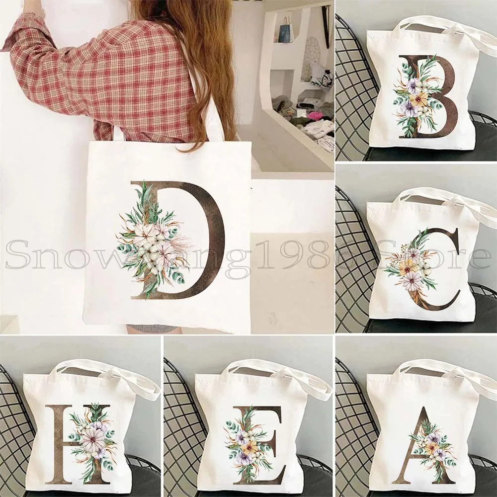 

Initial Letter Print Floral Wedding Watercolor Monogram Flower Bridesmaid Gift Canvas Shoulder Tote Bag Shopper Cotton Handbag
