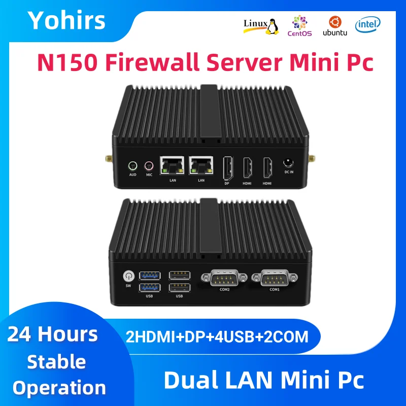Intel N100 Dual Gigabit LAN Mini Pc N150 CPU Dual COM Dual HDMI DP 4 منافذ USB كمبيوتر صغير جدار الحماية VPN Soft Router Server PVE