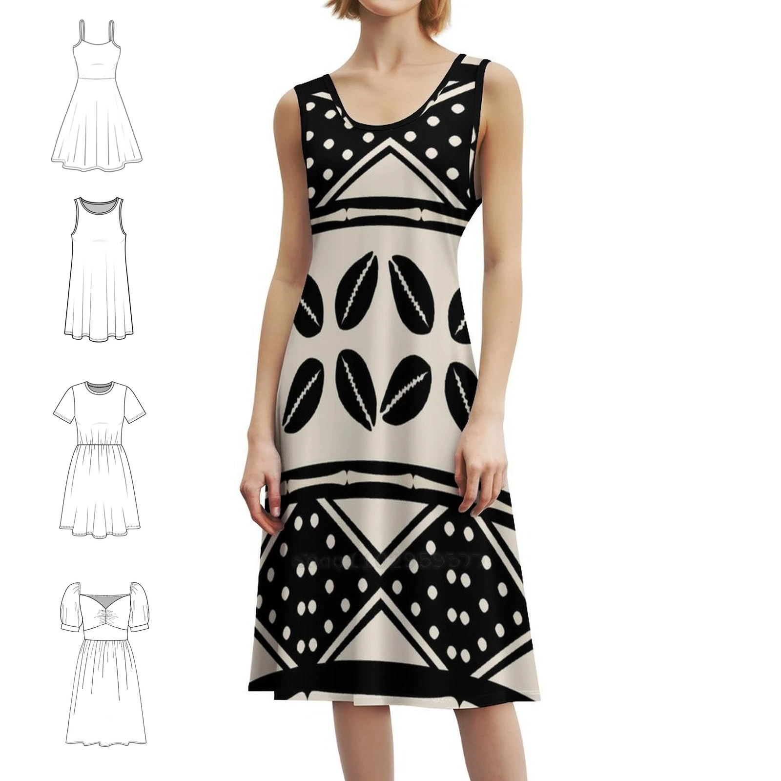 فستان بوهيمي عتيق بنمط قماش الطين التجريدي الأفريقي بأكمام منتفخة أو خيارات بدون أكمام للنساء فستان الفن الأفريقي الأفريقي #1