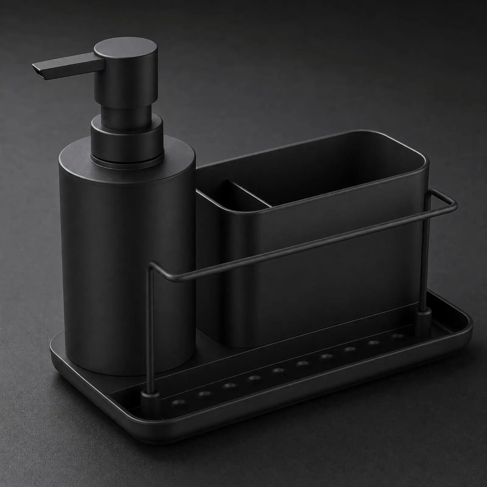 Rust Resistant Kitchen Cleaning Rack with Divided Compartments and Soap Pump for Countertop Utensil Storage