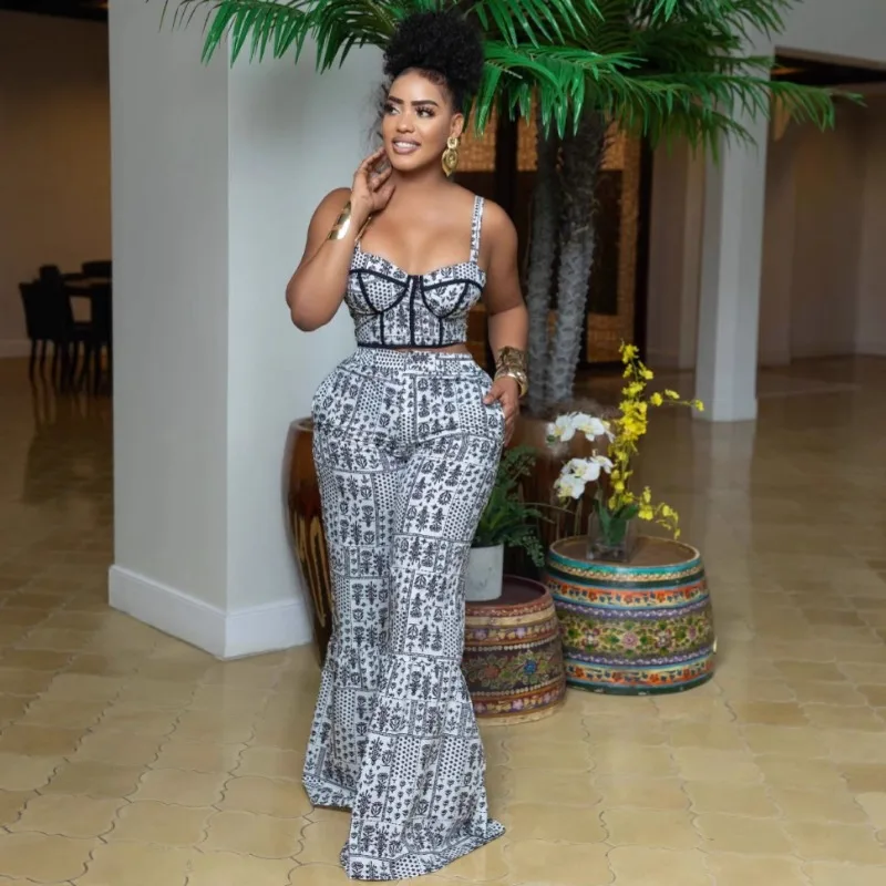 

Black White Print Summer Fashion 2 Piece Set Women Sexy Camis Crop Tops + High Waist Flare Pants Casual Streetwear Suits