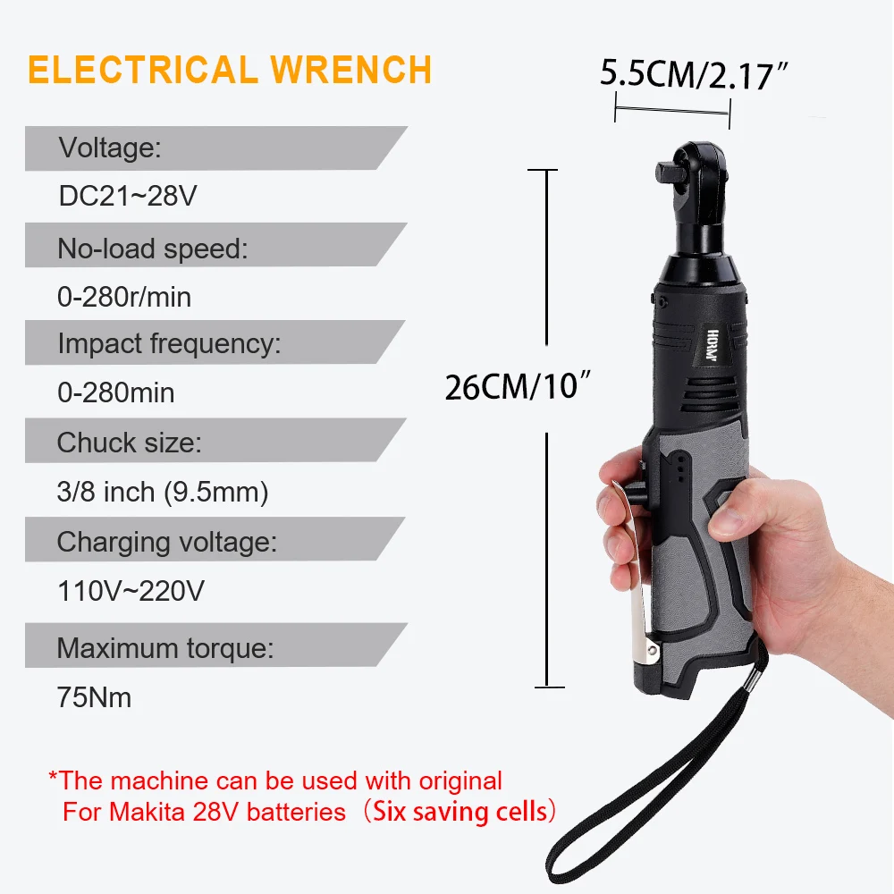 28V 100N.m Cordless Electric Impact Wrench Drill Screwdriver 3/8 Right Angle Electric Ratchet Wrench With Lithium-Ion Battery