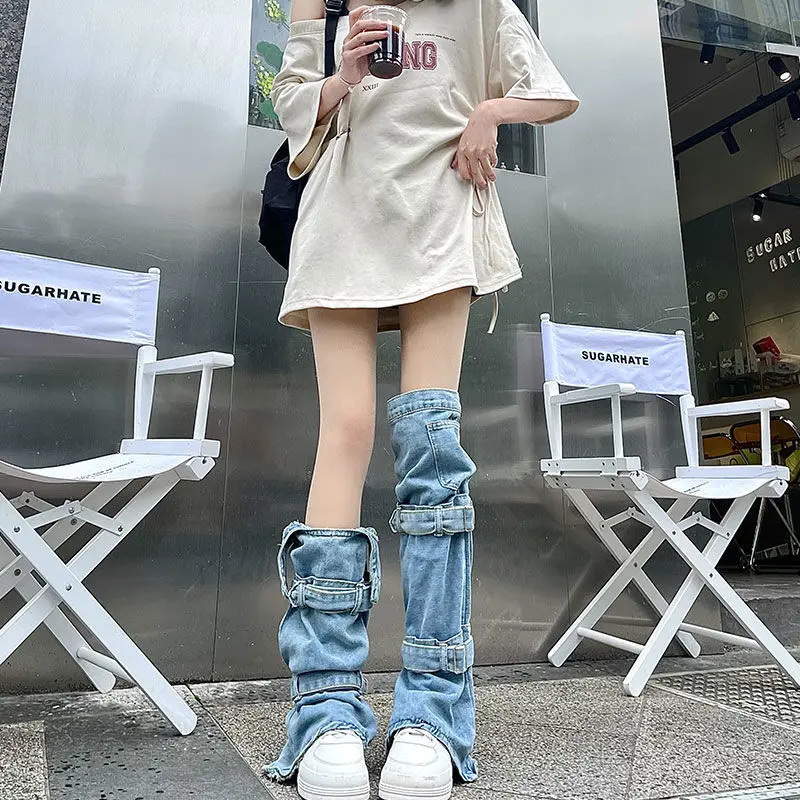 Harajuku Women Leg Warmers Socks Punk Rock Denim Adjustable Knee High Socks Japanese Fashion Streetwear Leg Cover