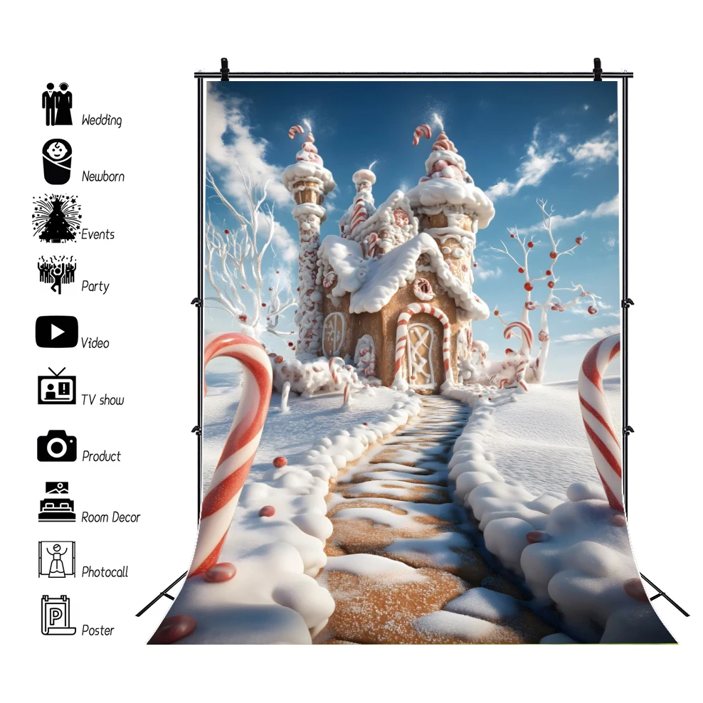 خلفية التصوير الفوتوغرافي لمنزل الزنجبيل في عيد الميلاد ، منزل الحلوى الثلجية في فصل الشتاء ، صورة للأطفال ، خلفية حفلة عيد ميلاد ، مستلزمات الصور