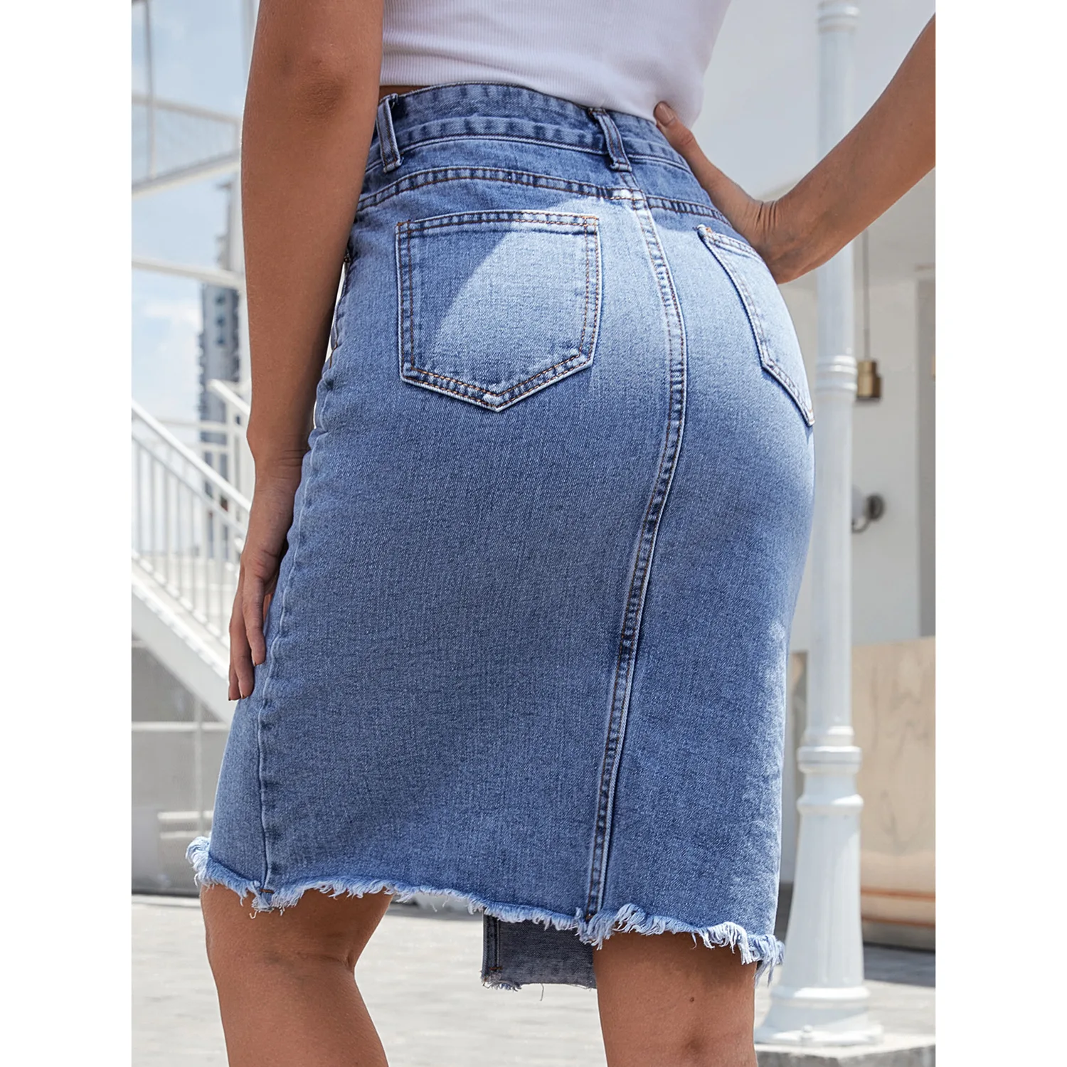 High Waist Mid-Length Denim Skirt Asymmetrical Hemline Cross-Border Women's Fashion Wrap around Split Half Body Skirts