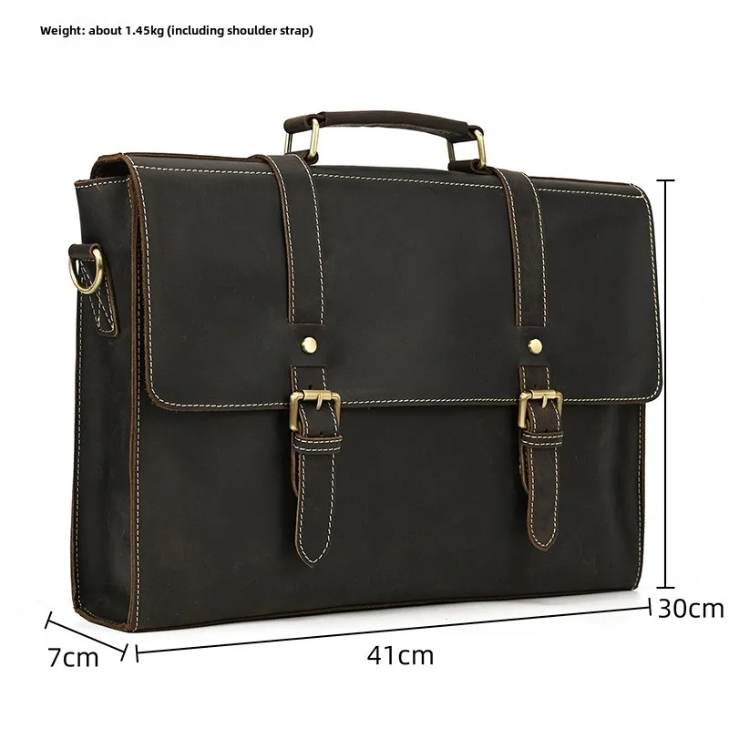 Crazy Horse ของแท้หนังผู้ชายกระเป๋าเอกสาร Fit 16 "แล็ปท็อปกระเป๋าถือ Tote Vintage Cowhide ชายกระเป๋าสะพายใหญ่