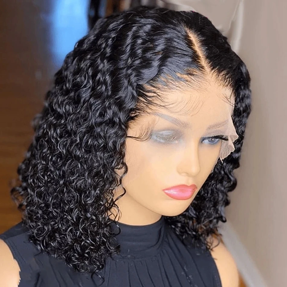 MEODI Curly Short Bob Wigs Human Hair Lace Front Wig Brazilian Remy T-Part Wig 13x4 Hd Transparent Deep Wave Lace Frontal Wig