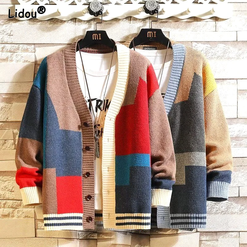 

2023 New Autumn and Winter Fashion Youth Plaid Spliced Contrast V-neck Cardigan Loose and Casual Versatile Women's Sweater