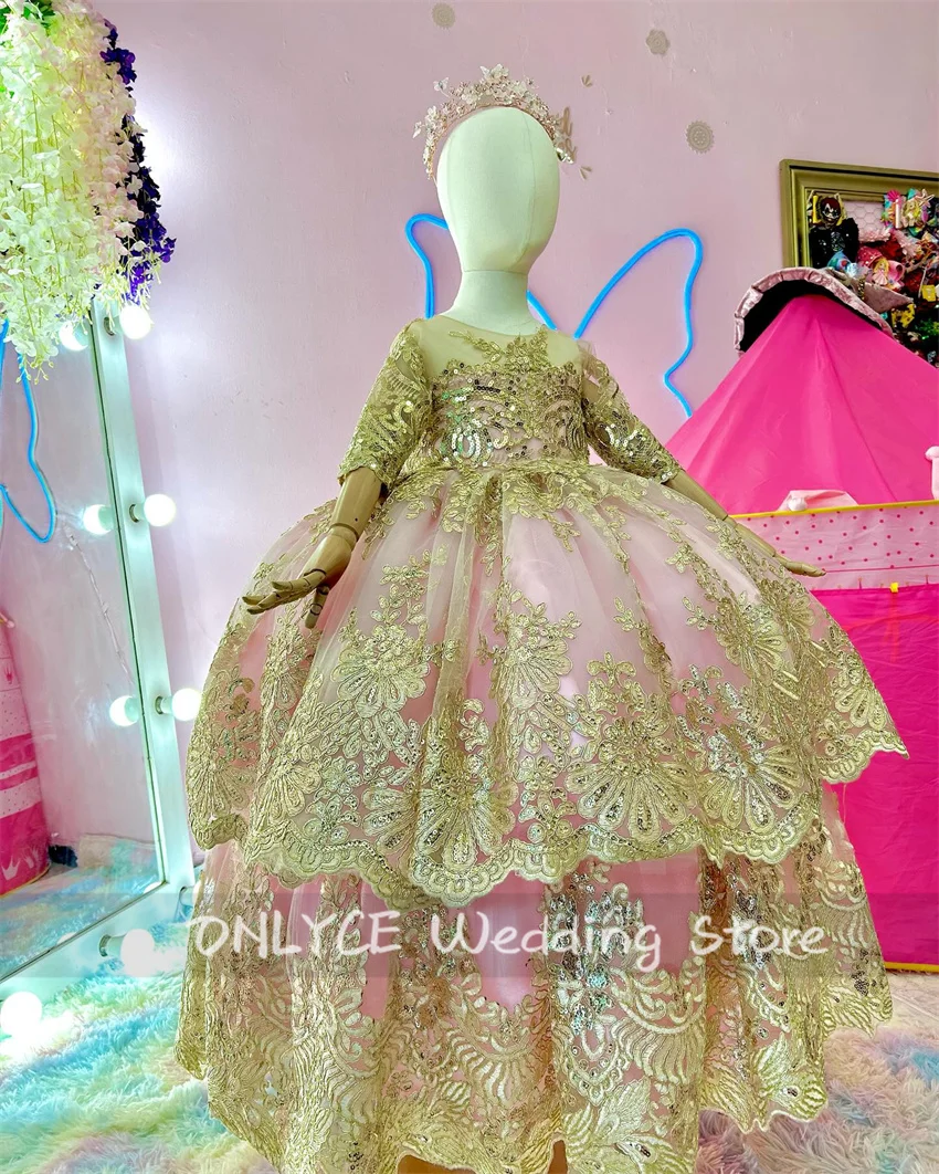 

New Design Pink Flower Girls Dress Long Sleeves Beads Sequins Lace Appliques Child Wedding Birthday Party Ball Gown Customized